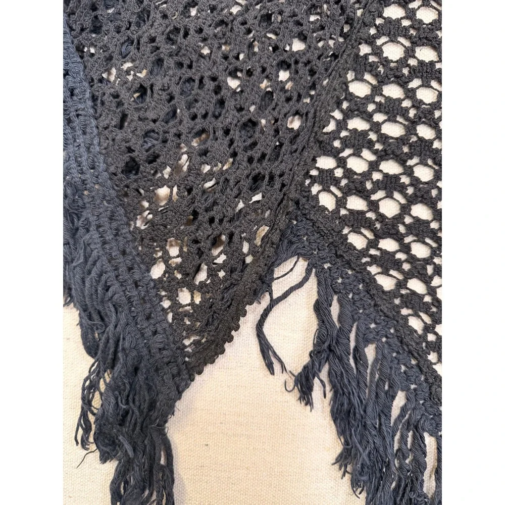 Vintage Black Crochet Triangle Shawl Fringe Wrap Boho Scarf Hand Knit One Size